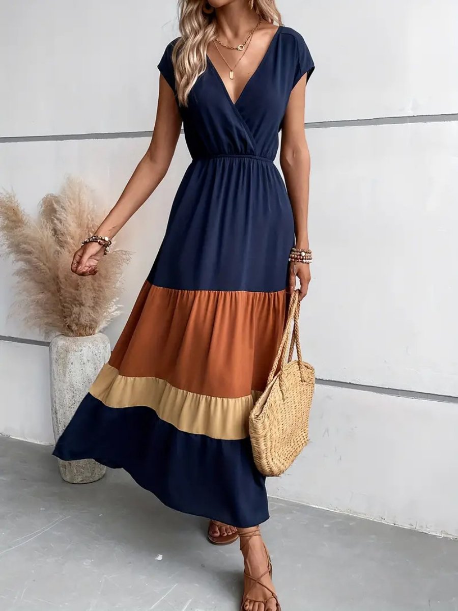 Colorblock Pleated V-Neck Dress