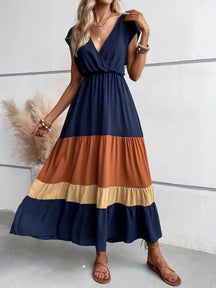 Colorblock Pleated V-Neck Dress