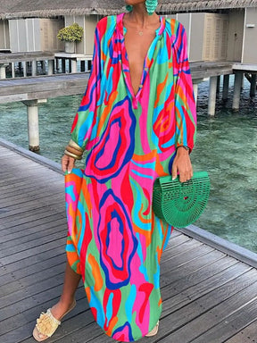 Printed Long Sleeve V-neck Dress