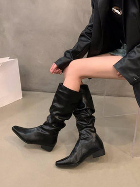 Women's Thick Heel Pleated Long Knight Boots