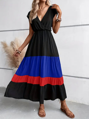 Colorblock Pleated V-Neck Dress