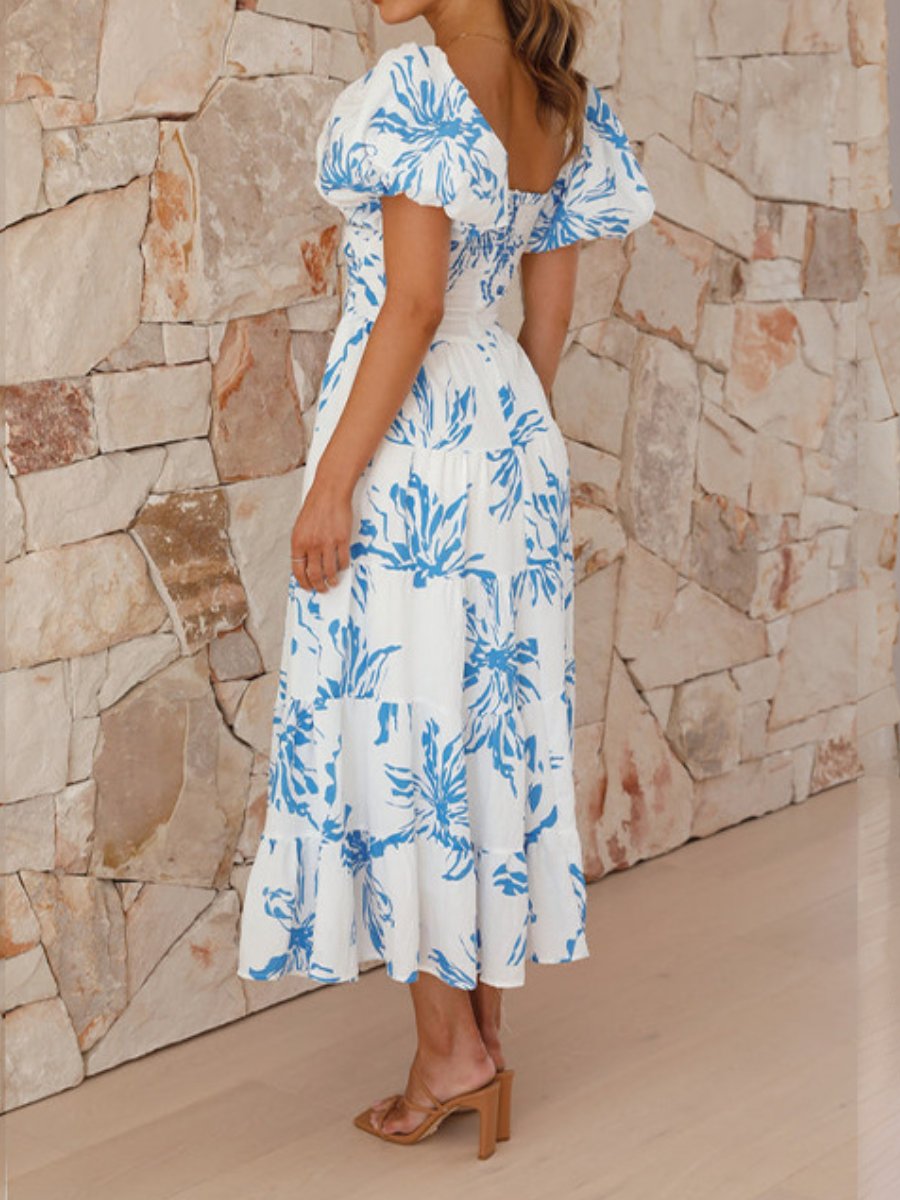 Printed puff sleeve high-end dress