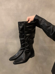 Women's Thick Heel Pleated Long Knight Boots