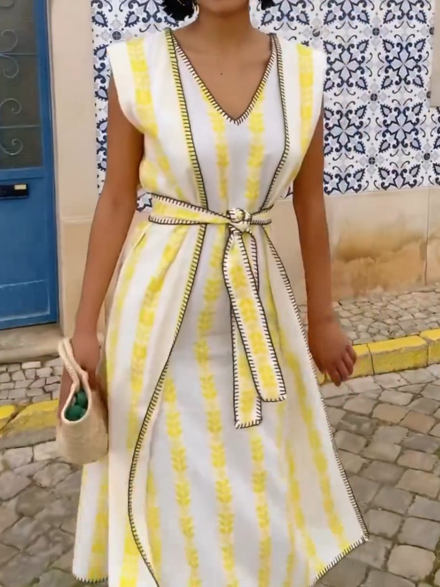 V-neck Tie Yellow Striped Dress