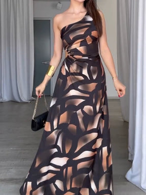 Sleeveless One Shoulder Printed Luxury Design Long Dress