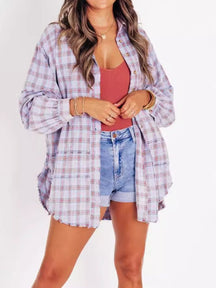 Raw Edge Lantern Sleeve Loose Button Plaid Shirt