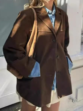 Vintage Brown Lapel Long Sleeve Button Loose Jacket