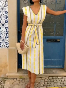 V-neck Tie Yellow Striped Dress