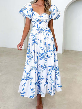 Printed puff sleeve high-end dress