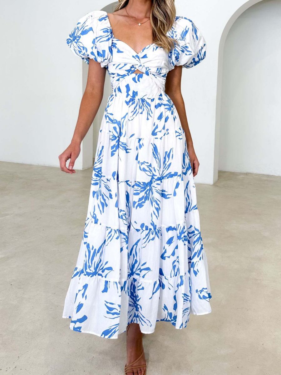 Printed puff sleeve high-end dress