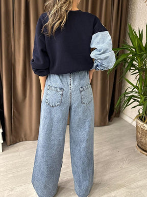 Casual Striped Denim Patchwork Set