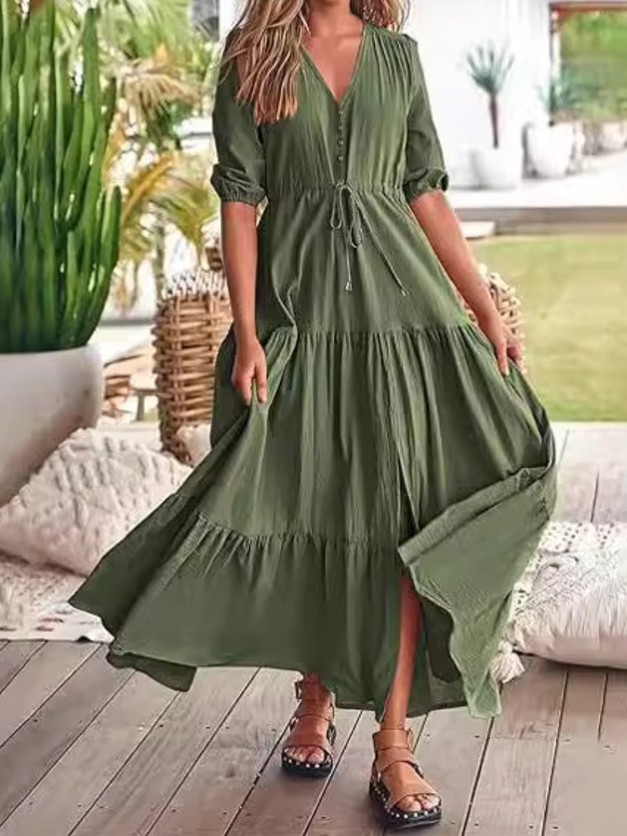 Button Drawstring Hem Slit Dress