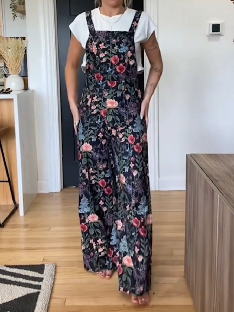 Corduroy Floral Button Wide-leg Jumpsuit