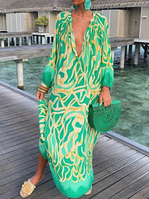 Printed Long Sleeve V-neck Dress