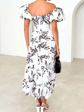 Printed puff sleeve high-end dress