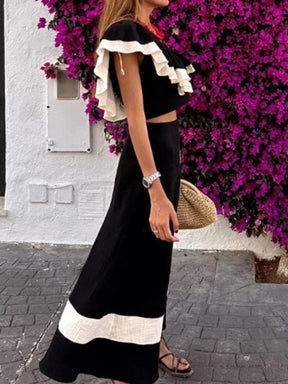 V-neck Ruffled Long Skirt Suit