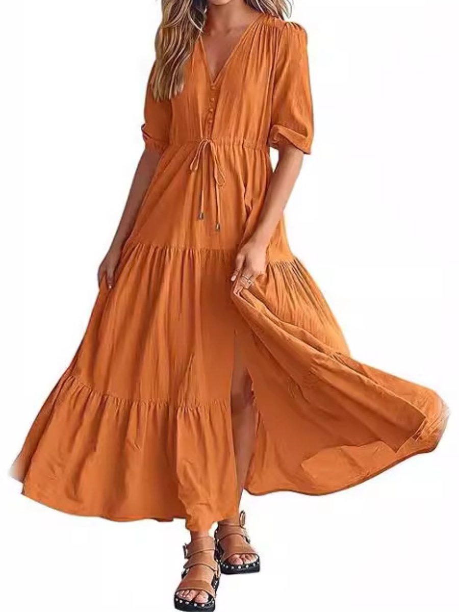 Button Drawstring Hem Slit Dress