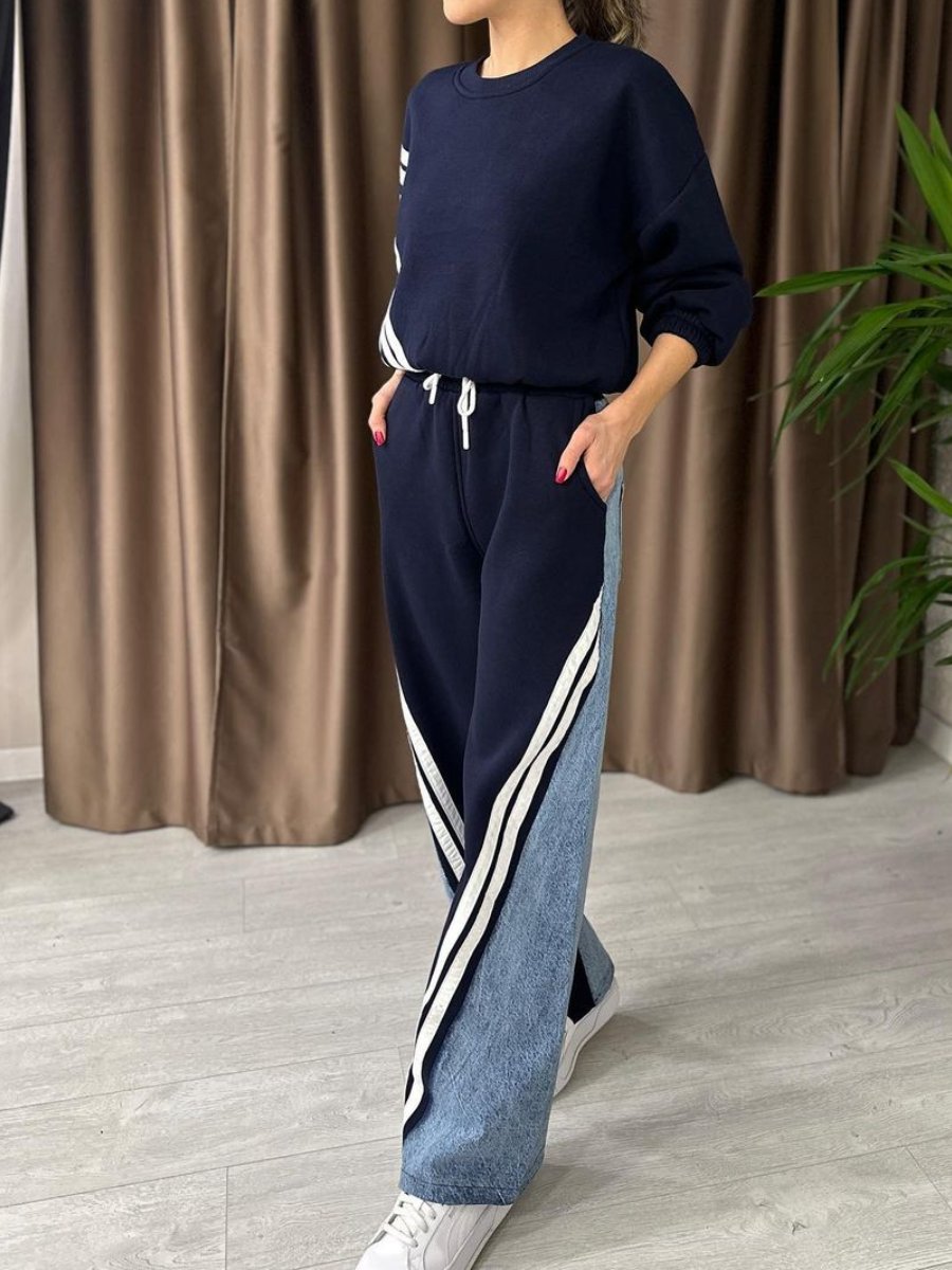 Casual Striped Denim Patchwork Set