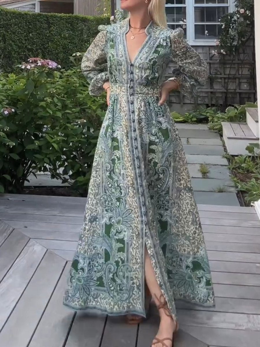 Women's Green Floral Print Maxi Dress