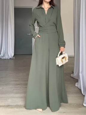 Solid Color Lapel Waist Slim Wide Leg Jumpsuit