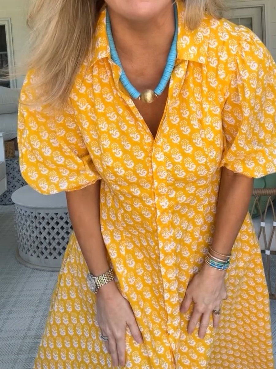 Yellow Printed Button Dress