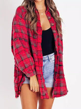 Raw Edge Lantern Sleeve Loose Button Plaid Shirt