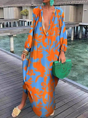 Printed Long Sleeve V-neck Dress