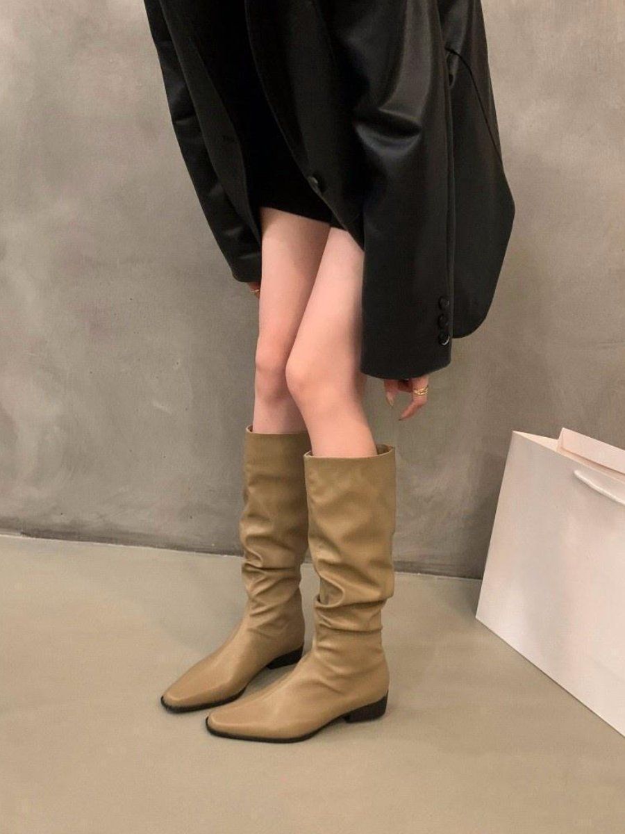 Women's Thick Heel Pleated Long Knight Boots