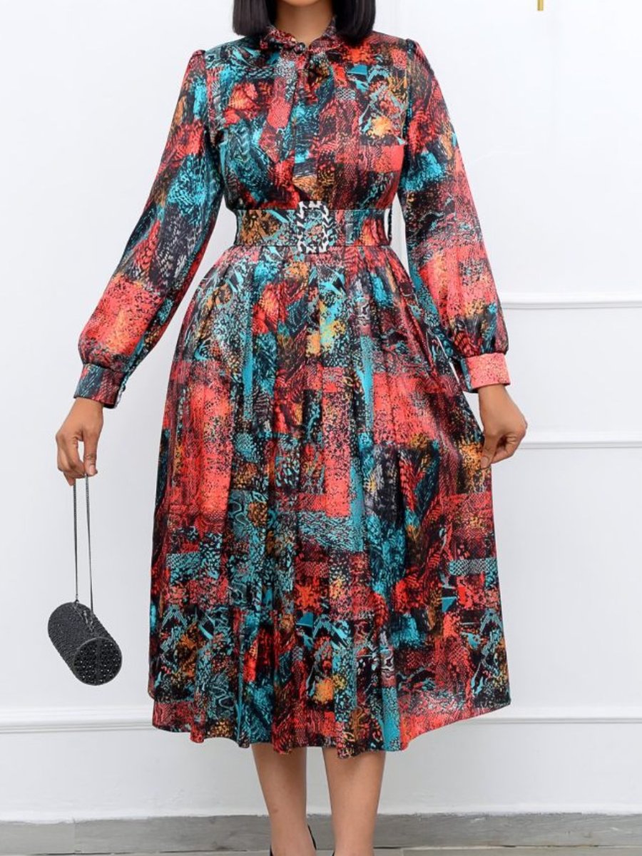 New Long Sleeve High Waist Printed Dress