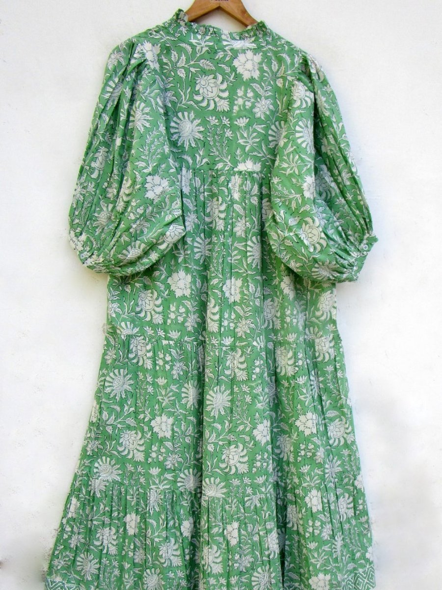 Green Floral Printed Cotton Long Maxi Dress