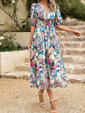 2024 Temperament Waisted V-neck Printed Dress