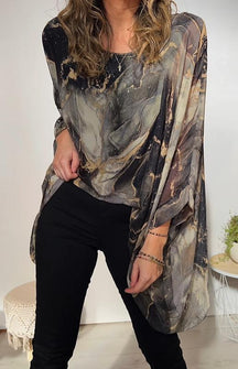 Loose Marble-Print Chiffon Top