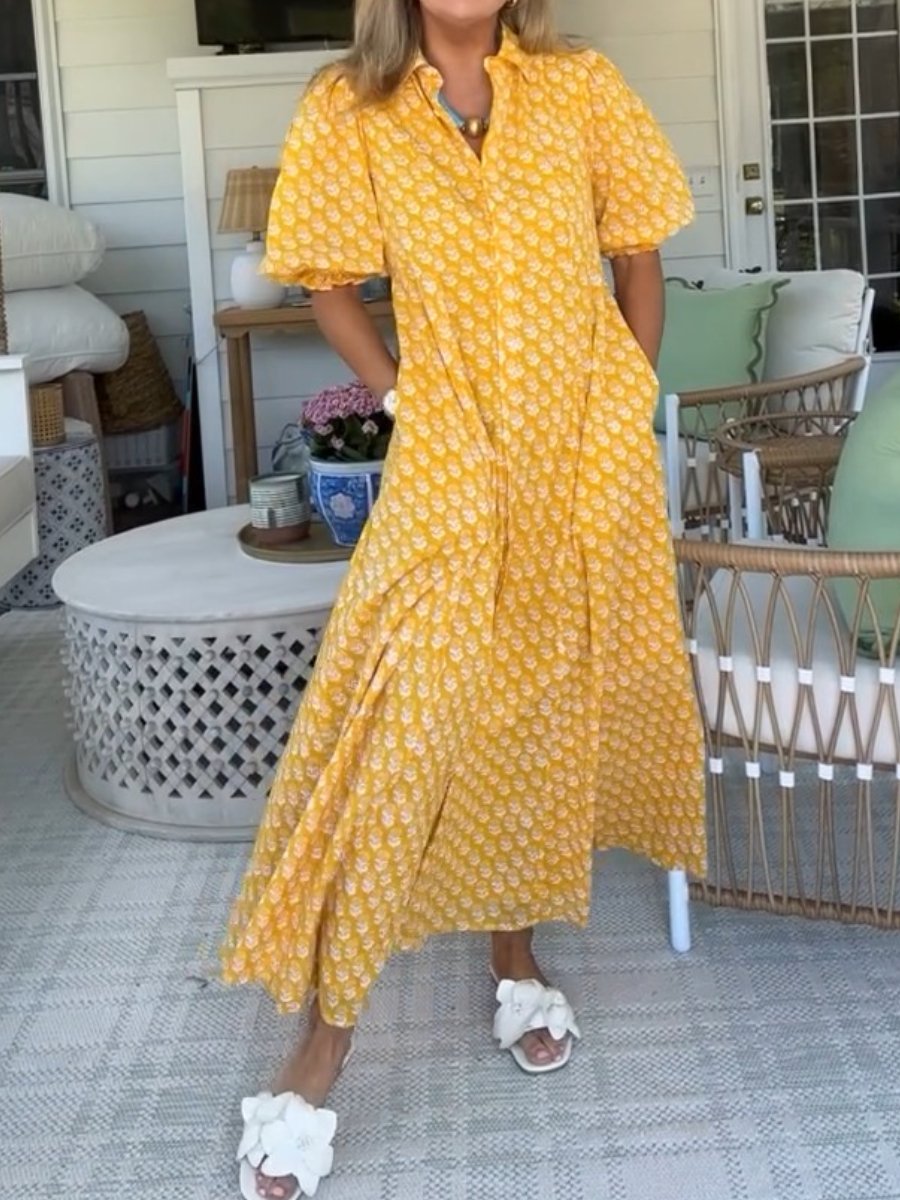 Yellow Printed Button Dress