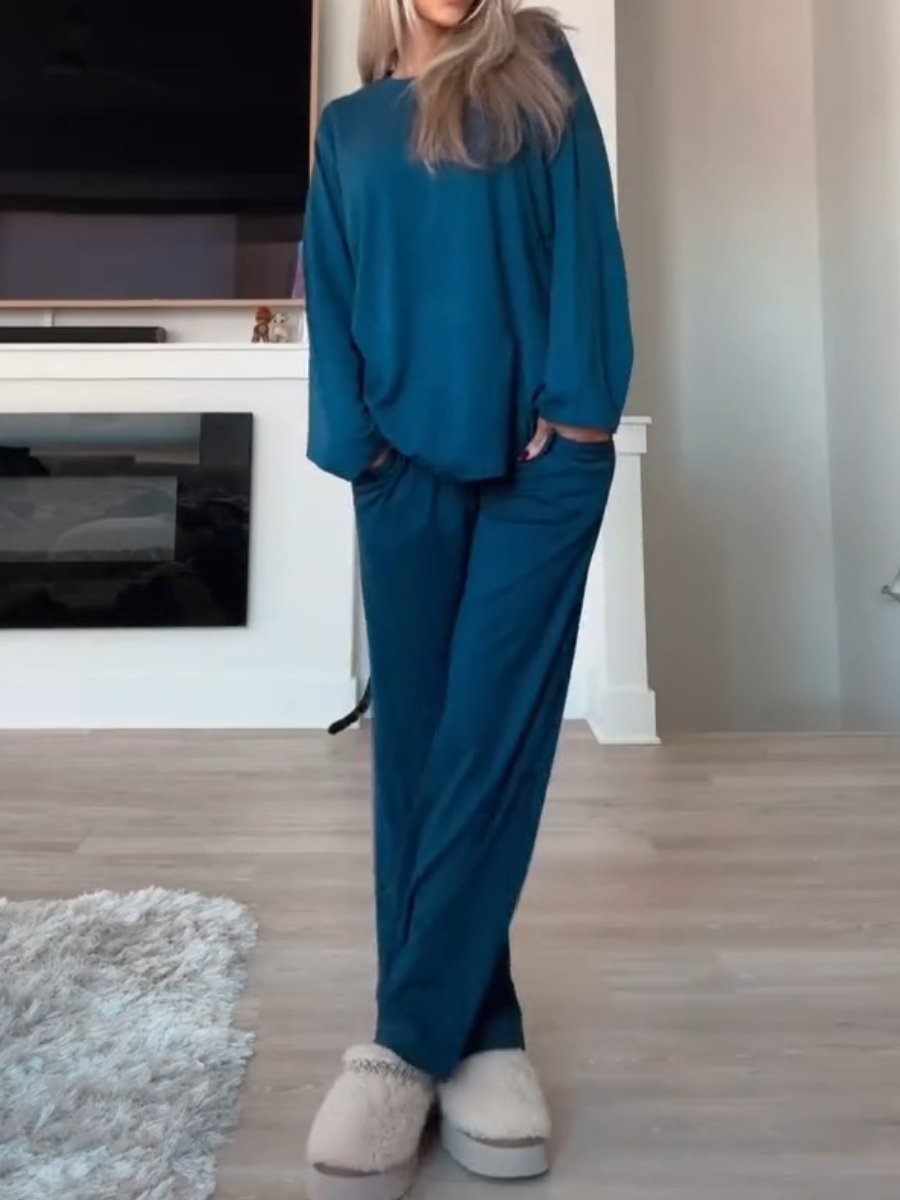 Lazy Solid Color Round Neck Two-Piece Suit