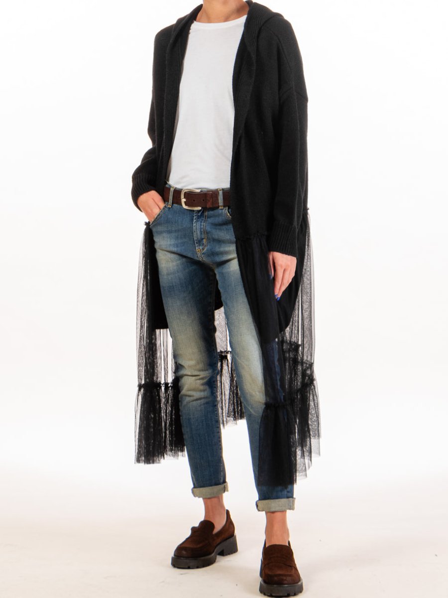 Tulle Patchwork Hooded Knit Cardigan