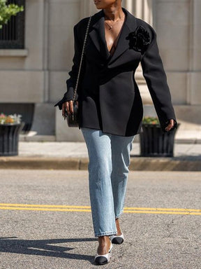 Fall Black Blazer With Flower